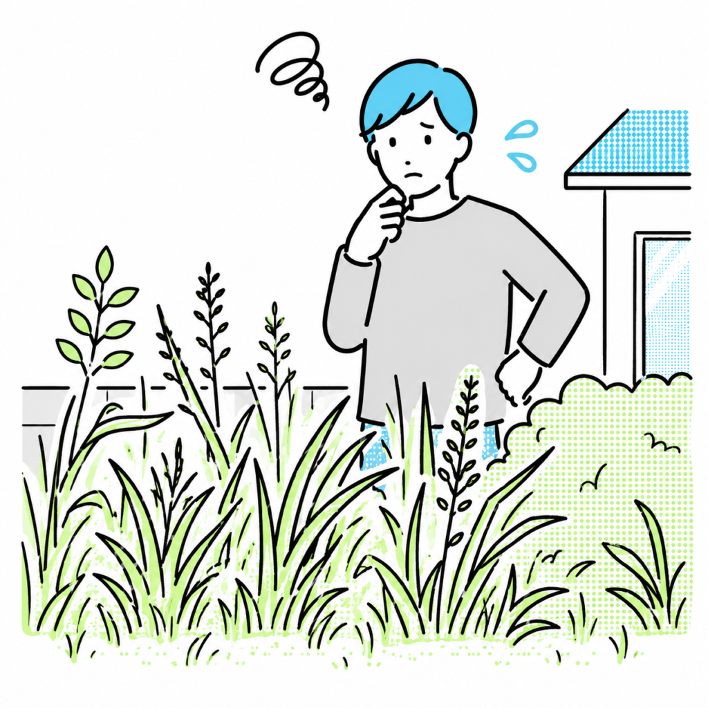 庭の草が伸びすぎて困っているイラスト